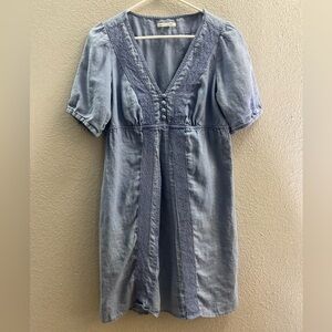 Banana Republic Blue Linen Lace Embellished Puff Sleeve Dress Size Medium